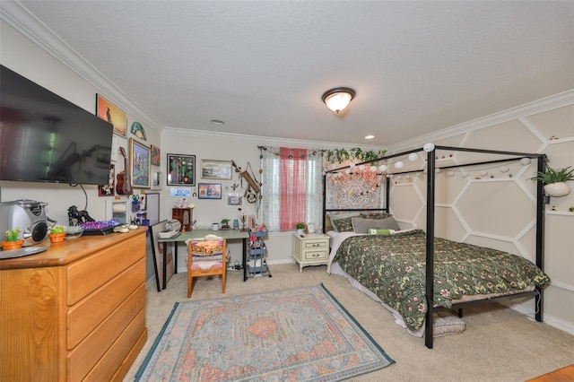 bedroom featuring baseboards, a textured ceiling, ornamental molding, and carpet flooring