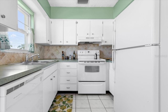kitchen featuring under cabinet range hood, a sink, white cabinetry, white appliances, and decorative backsplash