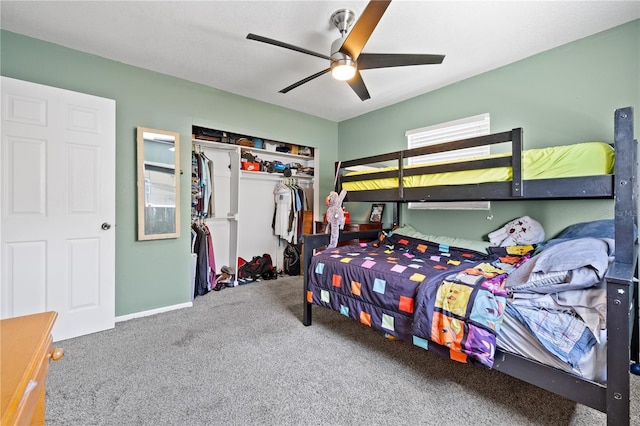 bedroom featuring carpet flooring, a closet, and ceiling fan