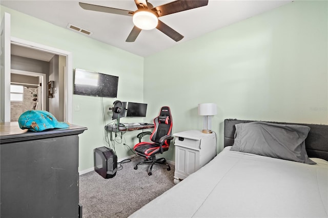 bedroom featuring visible vents, ceiling fan, baseboards, and carpet