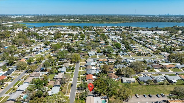 aerial view featuring a residential view and a water view