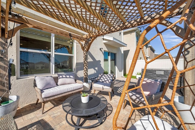 view of patio / terrace featuring an outdoor living space, a fenced backyard, and a pergola