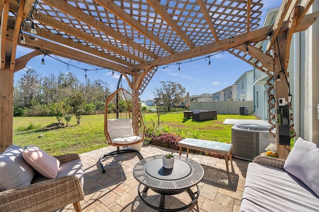 view of patio / terrace with cooling unit, a fenced backyard, outdoor lounge area, and a pergola