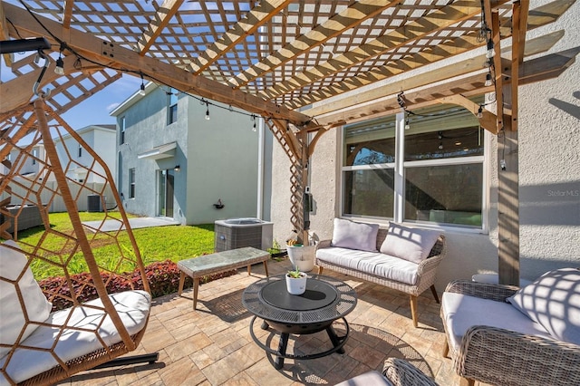 view of patio / terrace with outdoor lounge area, a pergola, and central AC