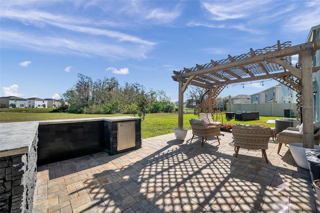 view of patio / terrace featuring central AC unit, an outdoor hangout area, a pergola, and fence