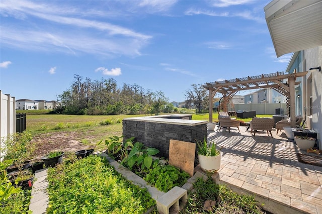 view of yard with a patio area, an outdoor hangout area, fence, and a pergola