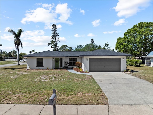2008 41st St W, Bradenton, FL 34205 - ranch-style home featuring stucco siding, an attached garage, driveway, and a front lawn
