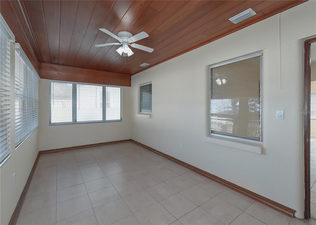 empty room featuring ceiling fan, visible vents, baseboards, and wooden ceiling