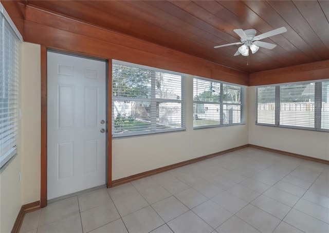 unfurnished sunroom with wood ceiling and ceiling fan