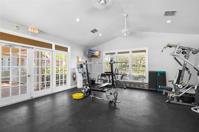 exercise room with lofted ceiling, recessed lighting, visible vents, and french doors