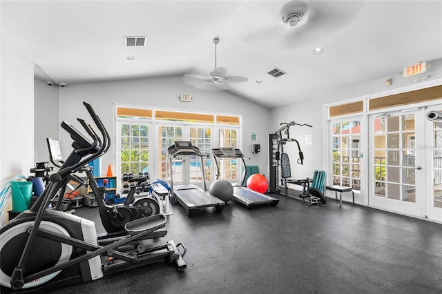 workout area featuring visible vents, french doors, and lofted ceiling