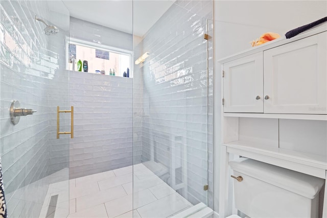 bathroom with a shower stall and toilet