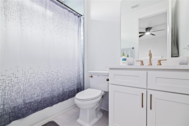 full bathroom with visible vents, toilet, tile patterned floors, shower / bath combination with curtain, and vanity