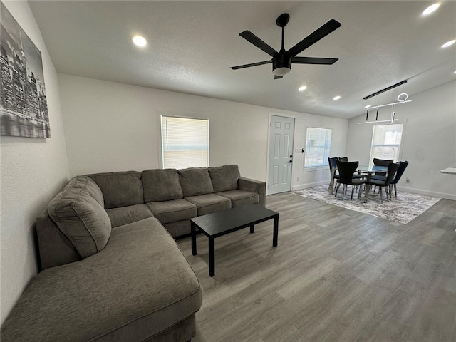 living area with ceiling fan, baseboards, lofted ceiling, and wood finished floors