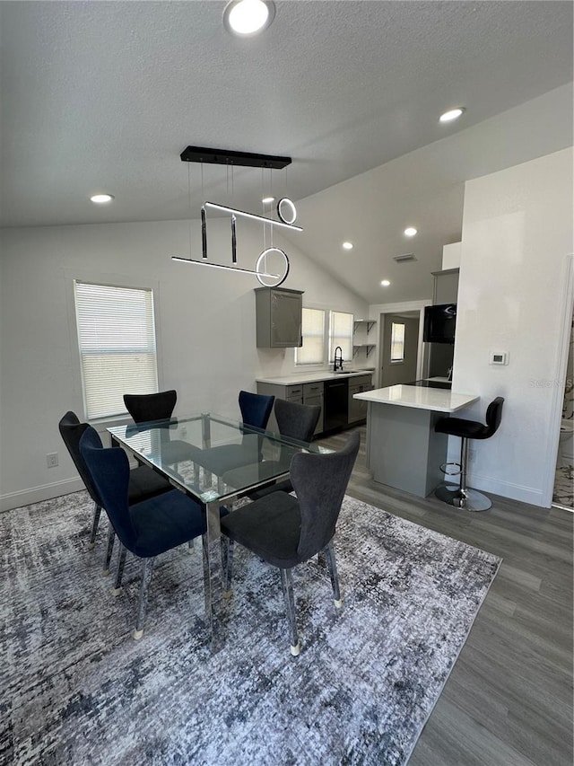 dining space with dark wood finished floors, lofted ceiling, a healthy amount of sunlight, and a textured ceiling