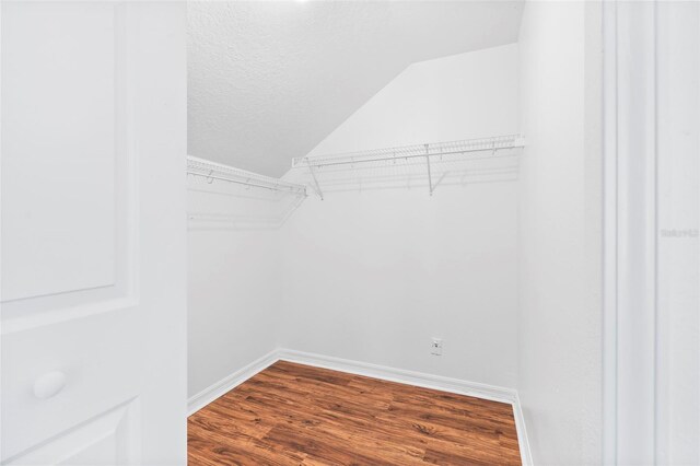 spacious closet with dark wood finished floors and vaulted ceiling