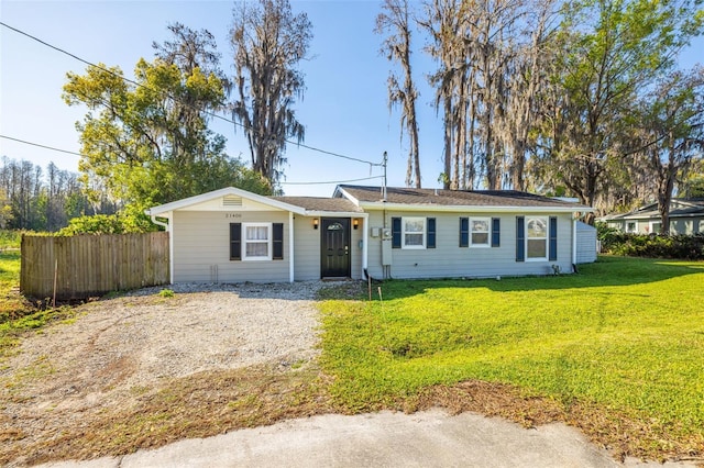 ranch-style home featuring a front yard and fence