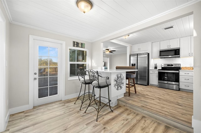 kitchen featuring a peninsula, appliances with stainless steel finishes, a breakfast bar area, and light wood-style floors