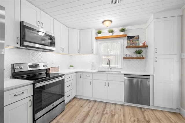 kitchen featuring a sink, stainless steel appliances, light countertops, white cabinetry, and light wood-type flooring