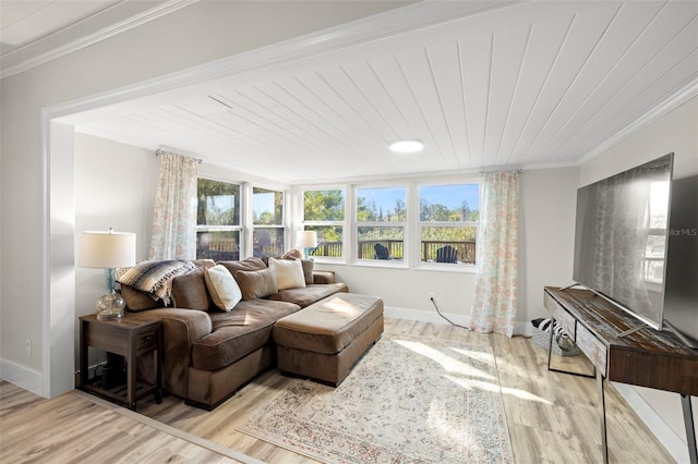 living room with wood ceiling, wood finished floors, baseboards, and ornamental molding