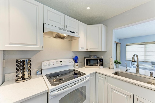 kitchen featuring under cabinet range hood, white electric range, a sink, stainless steel microwave, and white cabinets