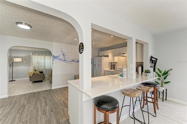 kitchen featuring under cabinet range hood, electric range, arched walkways, and white fridge with ice dispenser