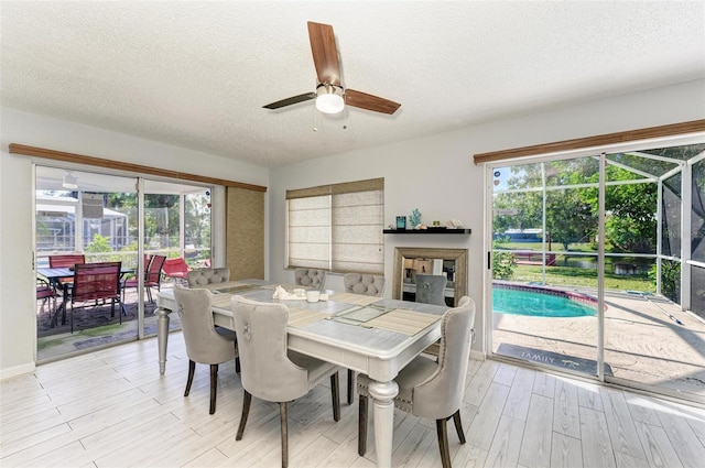 dining room featuring ceiling fan, a sunroom, light wood finished floors, and a textured ceiling