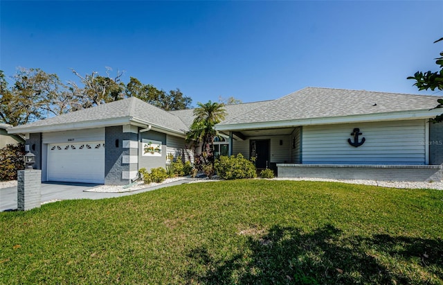 ranch-style home with a garage, a front lawn, roof with shingles, and driveway