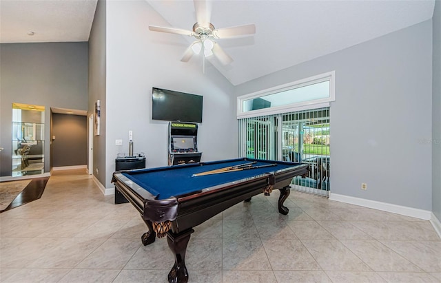 game room with light tile patterned floors, baseboards, high vaulted ceiling, and billiards