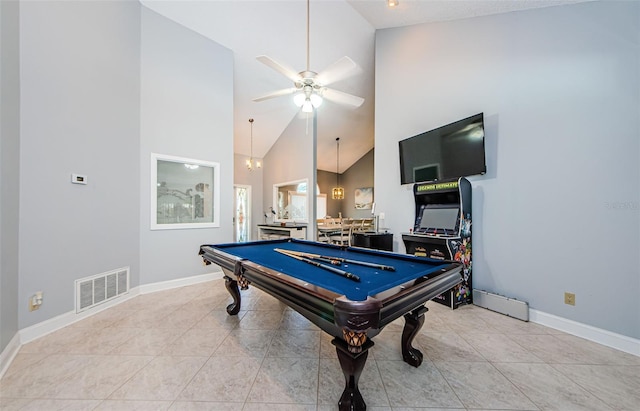 rec room featuring light tile patterned floors, a ceiling fan, visible vents, baseboards, and pool table