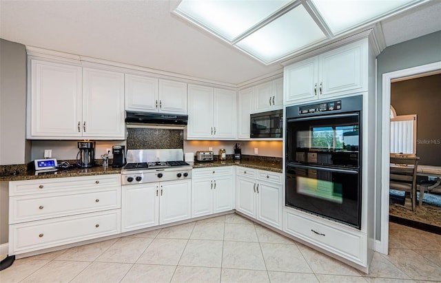 kitchen featuring black appliances, white cabinets, light tile patterned flooring, and under cabinet range hood