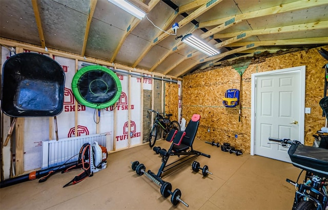 workout area featuring vaulted ceiling