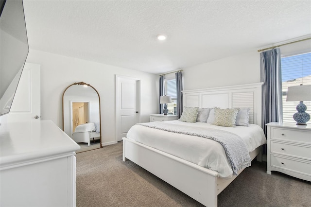 bedroom with multiple windows, carpet, and a textured ceiling