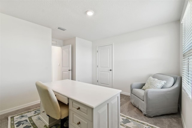 office featuring light colored carpet, visible vents, and baseboards