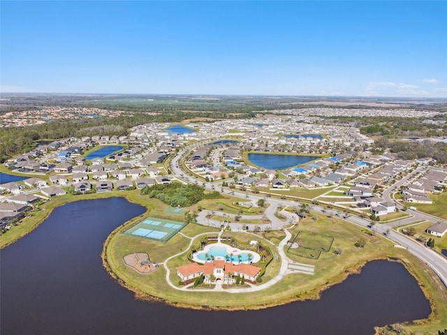 aerial view featuring a water view and a residential view