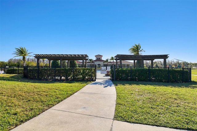 view of community featuring a gate, fence, and a pergola