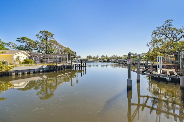 view of dock with a water view and boat lift