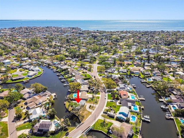 aerial view featuring a residential view and a water view