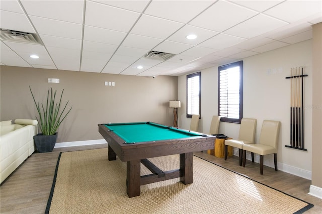 game room featuring light wood-type flooring, visible vents, baseboards, and billiards