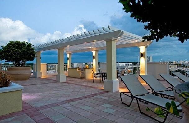 view of patio / terrace featuring a pergola and an outdoor kitchen