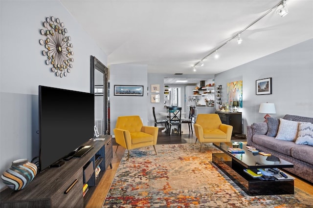 living area with wood finished floors and track lighting