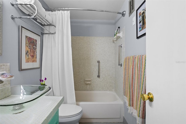 full bathroom featuring vanity, toilet, shower / bathtub combination with curtain, and visible vents