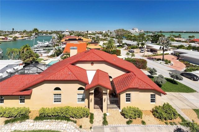 bird's eye view with a water view