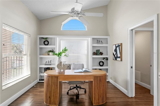 office space with lofted ceiling, baseboards, dark wood-style flooring, and ceiling fan