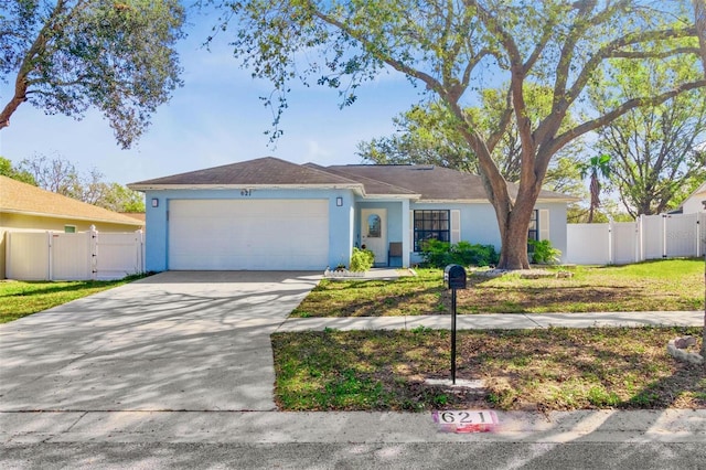 ranch-style home with a gate, fence, driveway, stucco siding, and a garage