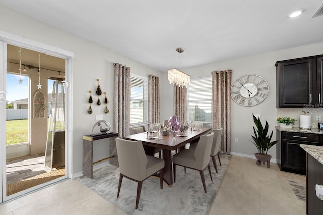 dining area featuring light tile patterned floors, visible vents, baseboards, and recessed lighting