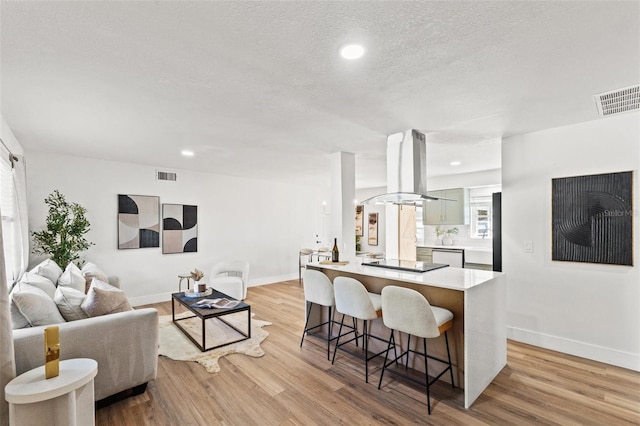 living area with visible vents, baseboards, and light wood finished floors