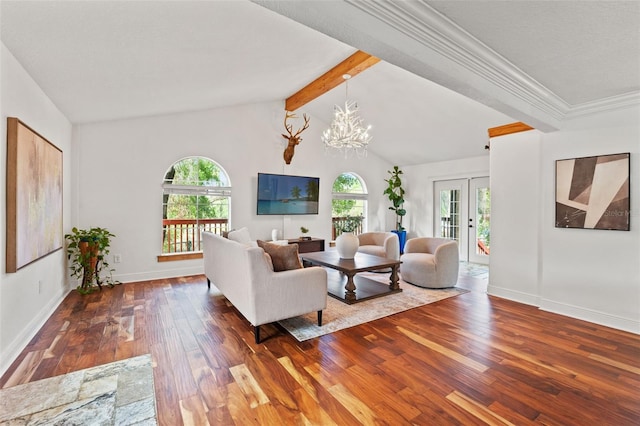 living room featuring hardwood / wood-style floors, lofted ceiling with beams, and plenty of natural light