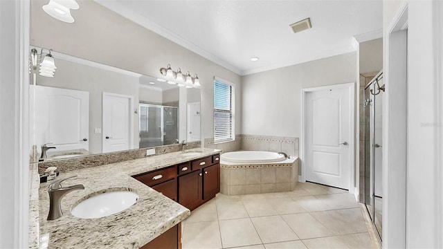 full bath with a shower stall, a bath, double vanity, and a sink