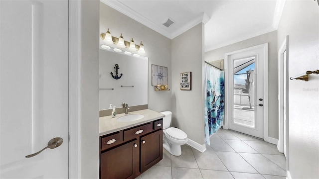 bathroom featuring vanity, a shower with curtain, ornamental molding, tile patterned flooring, and toilet